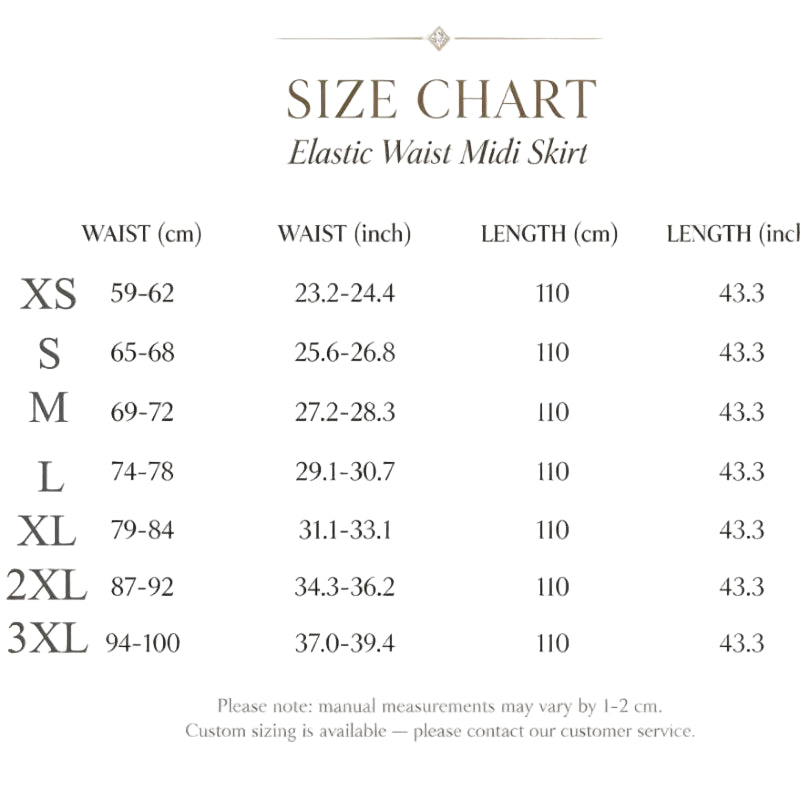 Size chart for elastic waist midi skirt showing waist and length measurements