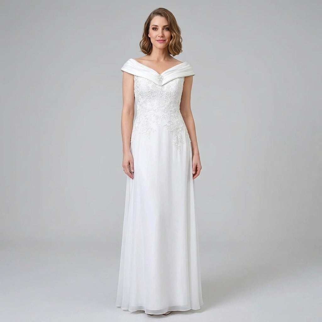 White off-shoulder pleated satin mother-of-the-bride dress with fitted lace bodice