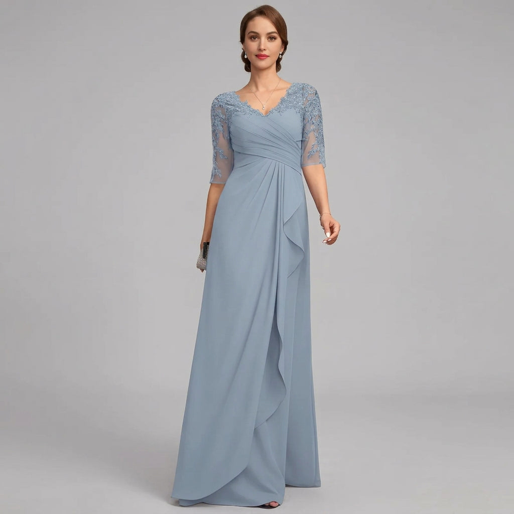 Light blue chiffon mother-of-the-bride gown with lace applique sleeves, V-neck, and drape