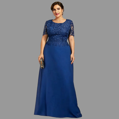 Royal blue lace A-line dress with short sleeves and long flowing chiffon skirt