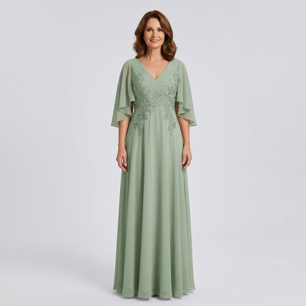 V-Neck Lace Applique Chiffon A-Line Mother of the Bride Gown