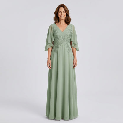 V-Neck Lace Applique Chiffon A-Line Mother of the Bride Gown