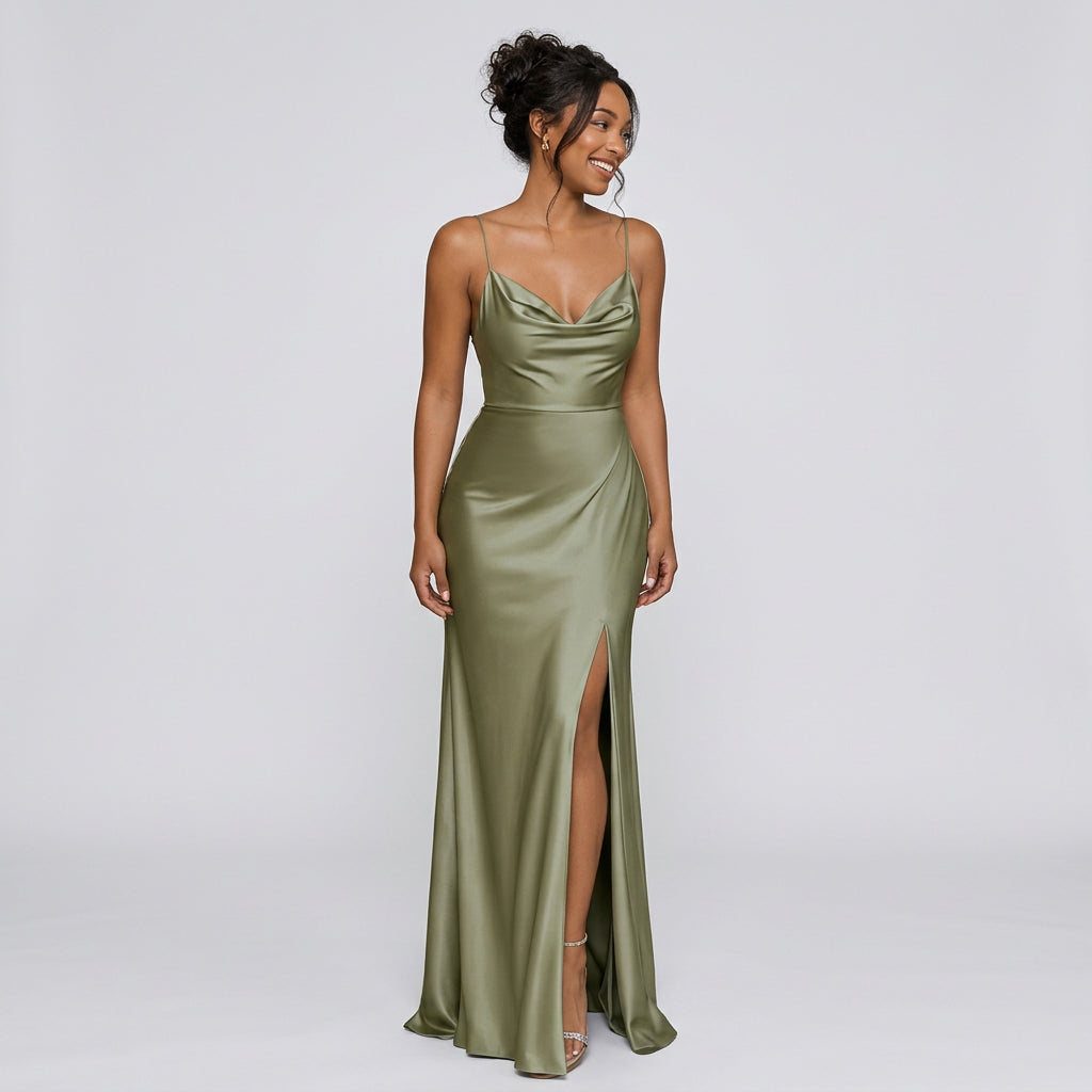 Sage green satin bridesmaid dress with thin straps, ruched waist, and high slit
