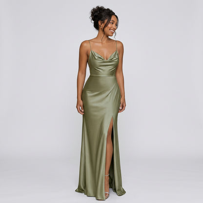 Sage green satin bridesmaid dress with thin straps, ruched waist, and high slit