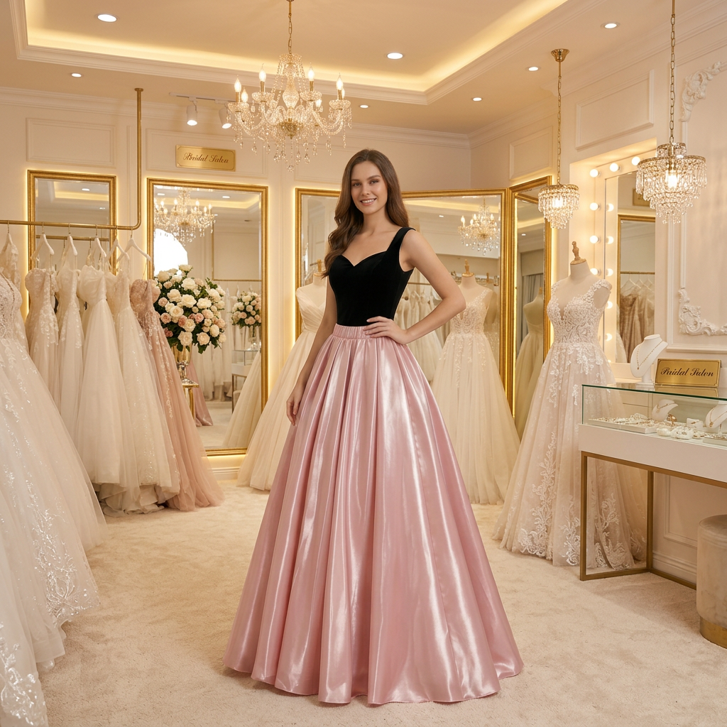 Rose pink glossy satin maxi skirt with elastic waistband and full pleated drape