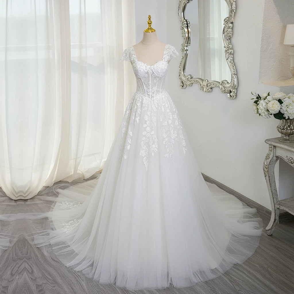 Ivory lace and tulle wedding dress, cap sleeves, fitted bodice, full tulle skirt