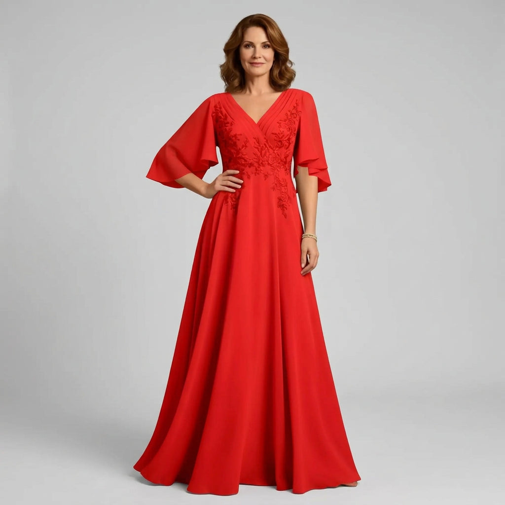 V-Neck Lace Applique Chiffon A-Line Mother of the Bride Gown
