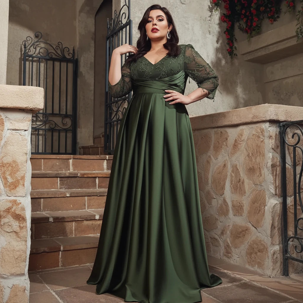 Sage green satin party dress with V-neck, embroidered lace bodice, and full pleated skirt