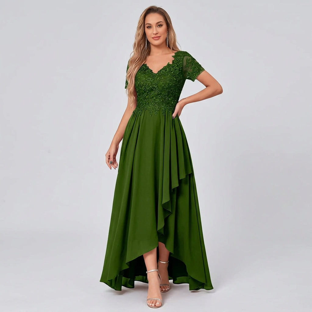Deep green chiffon high-low mother-of-the-bride dress with lace V-neck bodice and asym hem