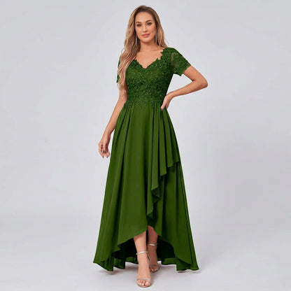 Deep green chiffon high-low mother-of-the-bride dress with lace V-neck bodice and asym hem