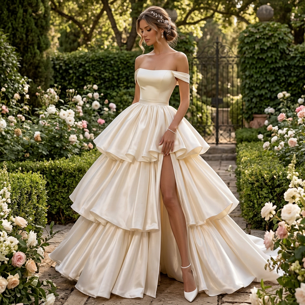 Champagne satin wedding skirt with tiered ruffles and a high-low hem, shown with a fitted bodice