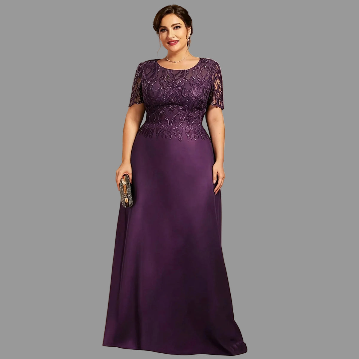 Plum lace A-line dress with short sleeves and long chiffon skirt