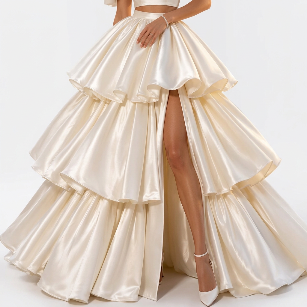 Champagne satin wedding skirt with voluminous layered ruffles and a high-low hem