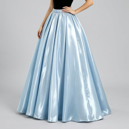 Glossy satin maxi skirt in light sky blue with elastic waistband and full pleated flare