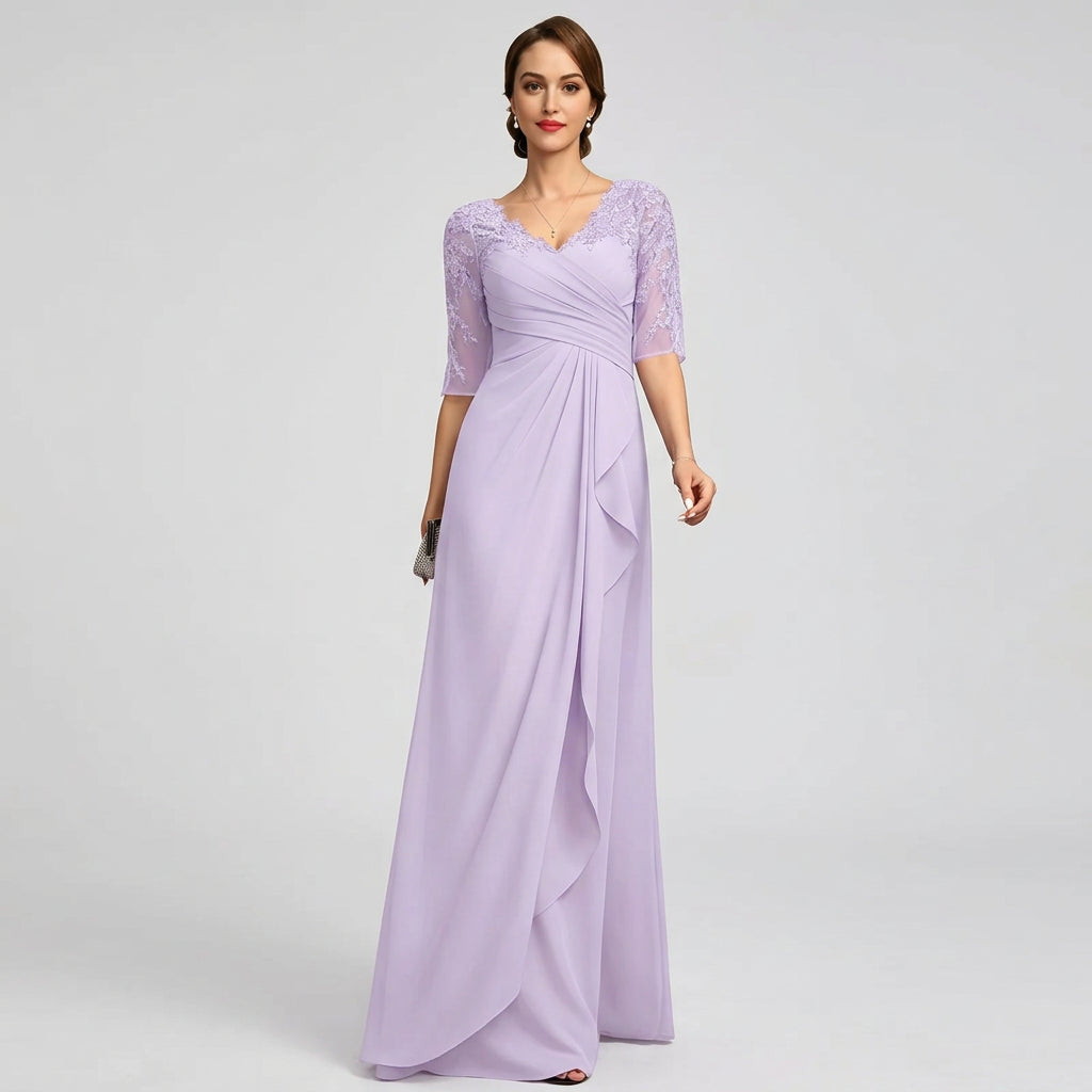 Lavender V-neck A-line chiffon gown with lace 3/4 sleeves and draped front detail