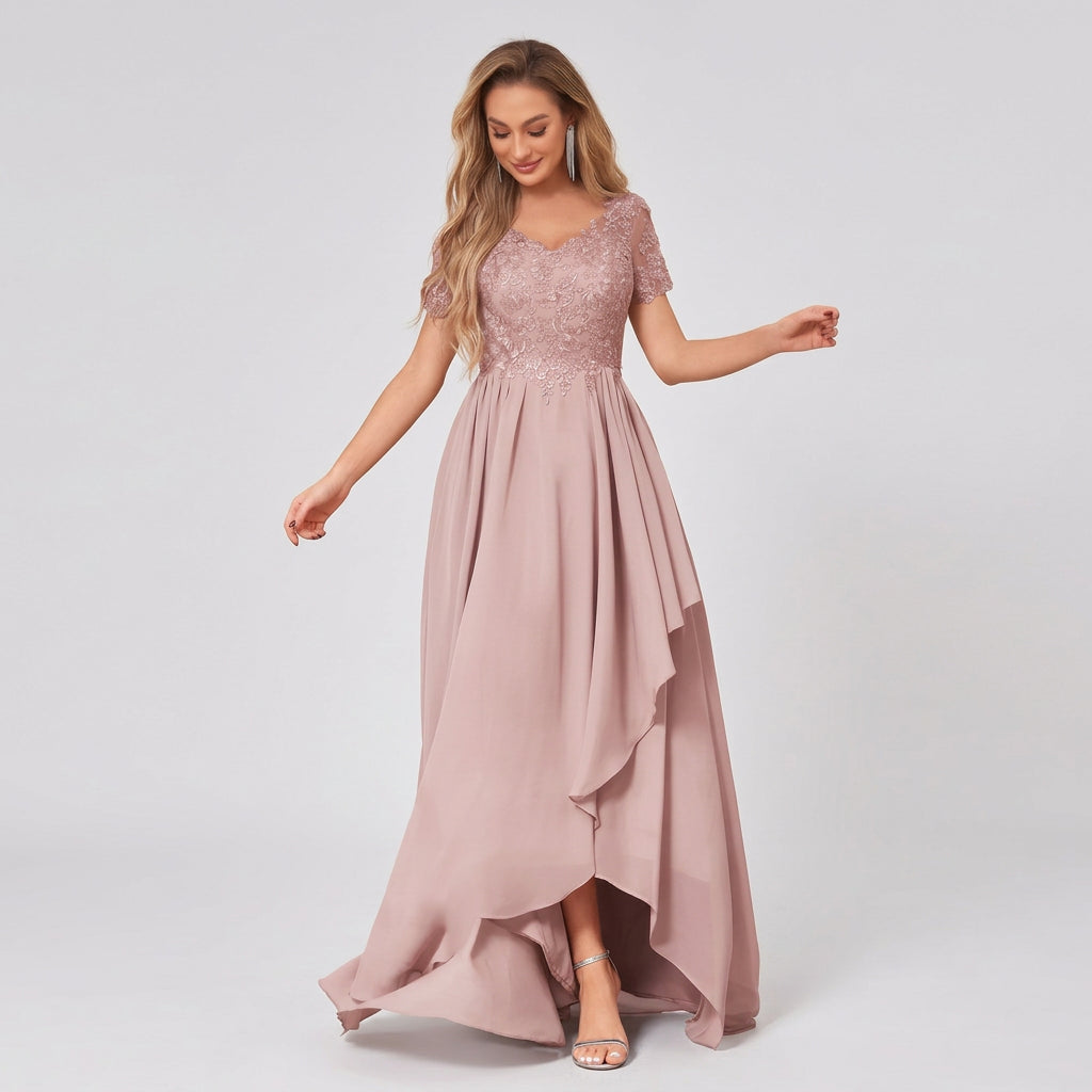 Blush lace bodice chiffon high-low dress with V-neck and draped side overlay