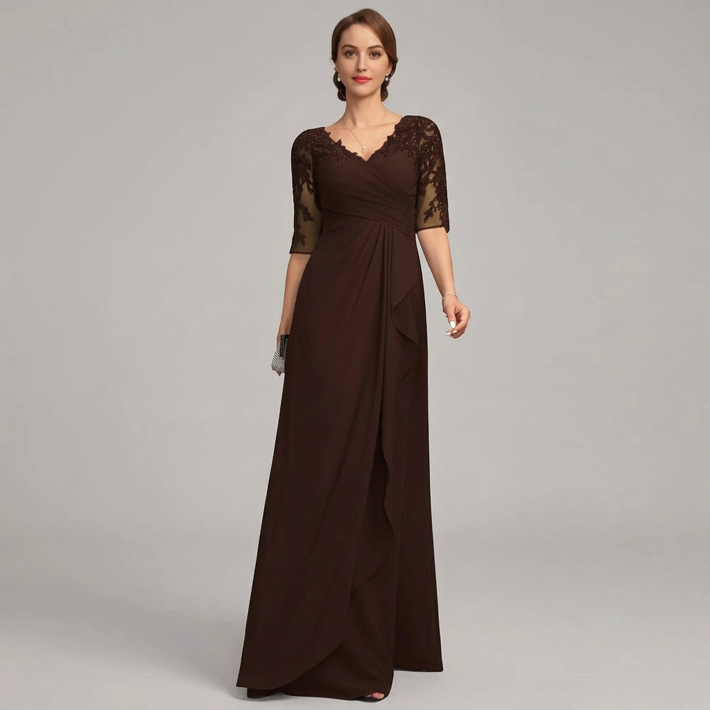 V-neck A-line long formal gown with lace applique and sheer sleeves in dark burgundy