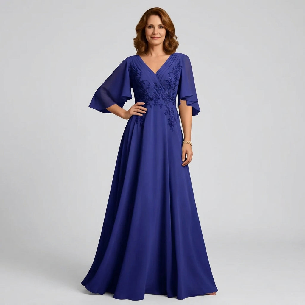 V-Neck Lace Applique Chiffon A-Line Mother of the Bride Gown