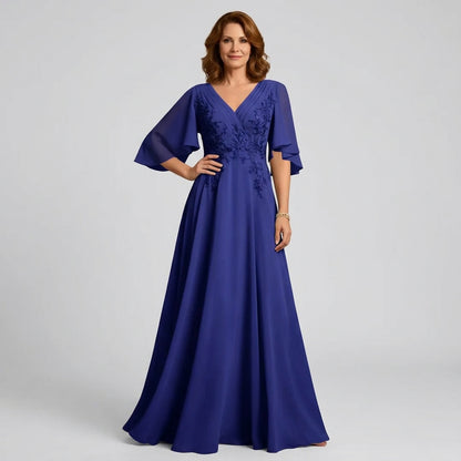 V-Neck Lace Applique Chiffon A-Line Mother of the Bride Gown