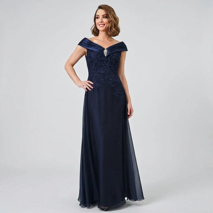 Navy off-shoulder satin gown with embroidered bodice and pleated maxi skirt
