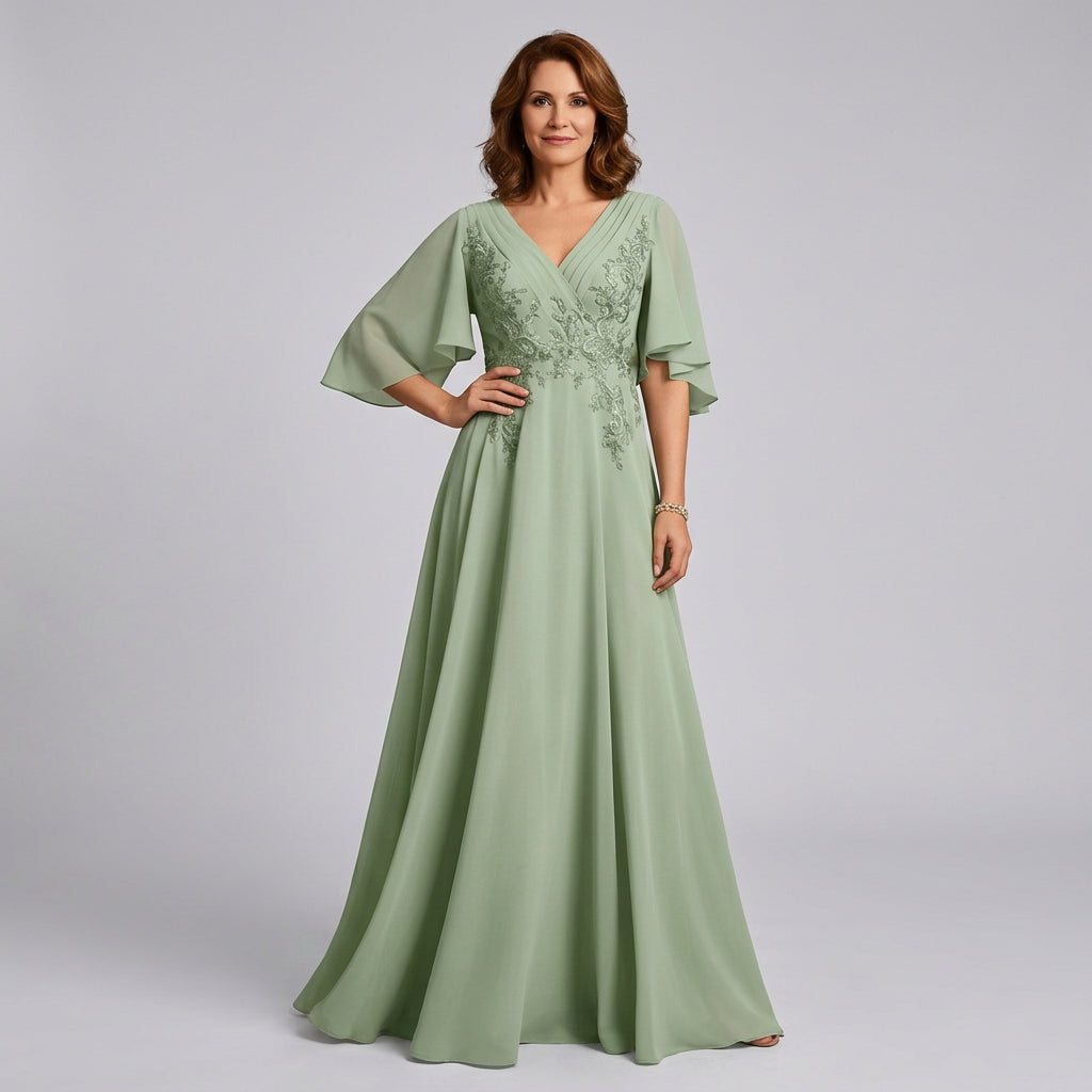 V-Neck Lace Applique Chiffon A-Line Mother of the Bride Gown