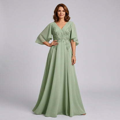 V-Neck Lace Applique Chiffon A-Line Mother of the Bride Gown