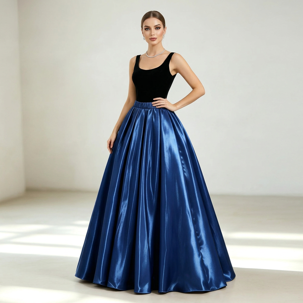 Royal blue glossy satin maxi skirt with elastic waistband and gathered pleated volume