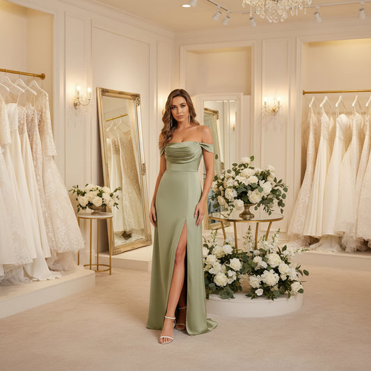 Off-shoulder sage satin split dress with draped neckline and long front slit