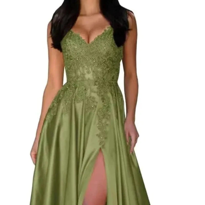 Satin A-line evening dress with lace V-neck and spaghetti straps, front slit, olive green
