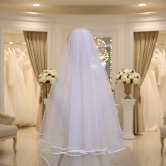 White two-tier cathedral wedding veil with layered ruffles and scalloped edge trim