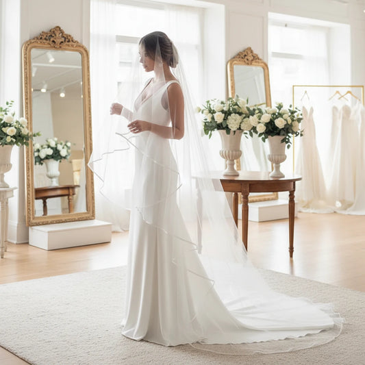 White two-tier cathedral wedding veil with sheer tulle layers and straight-edged trim