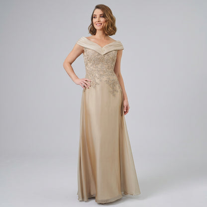 Champagne off-shoulder satin gown with pleated neckline and embellished bodice