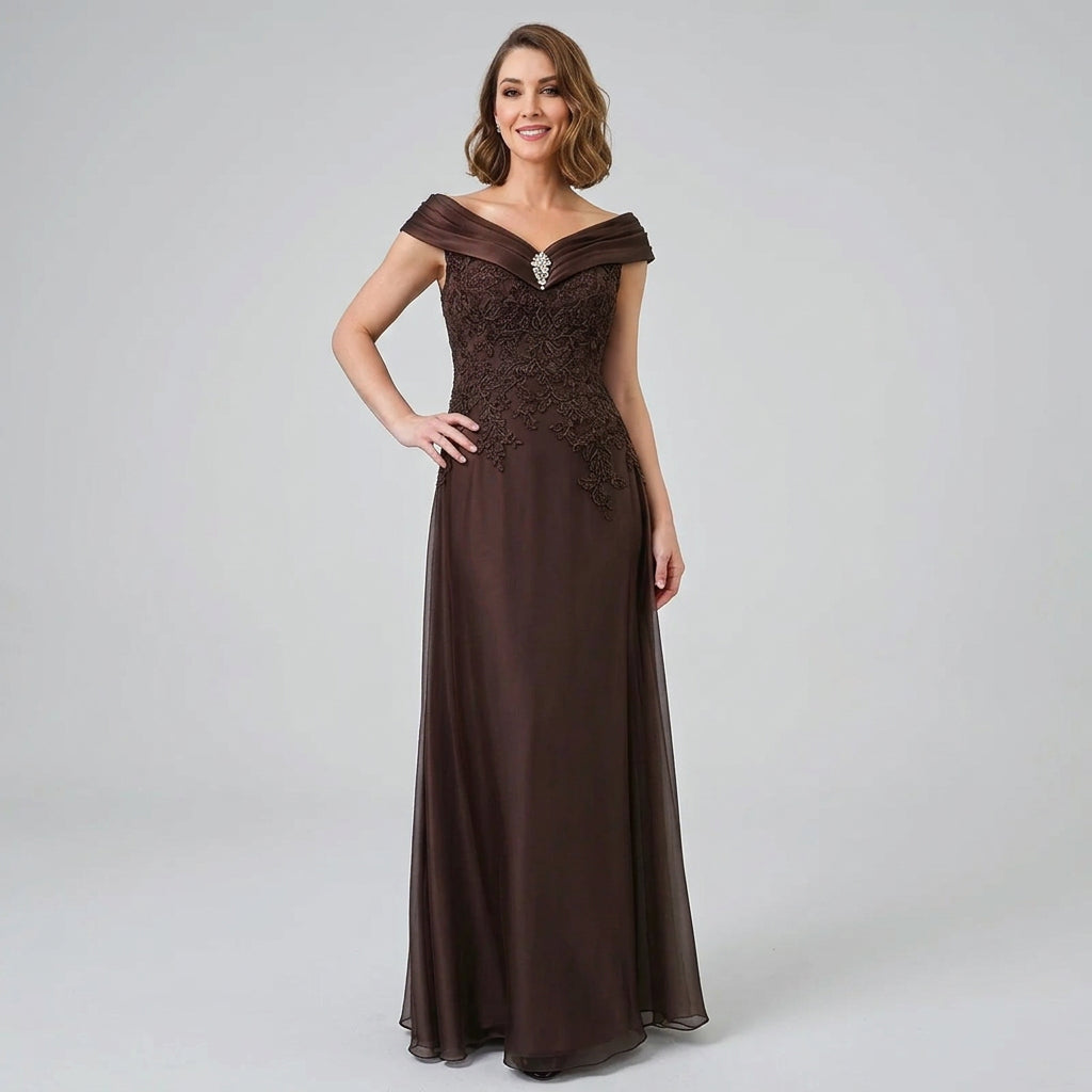 Brown off-shoulder satin gown with lace-embellished bodice and long chiffon skirt
