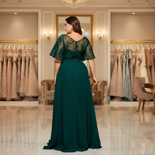 Plus size green chiffon lace evening dress, sheer lace back yoke, short flutter sleeves, A-line
