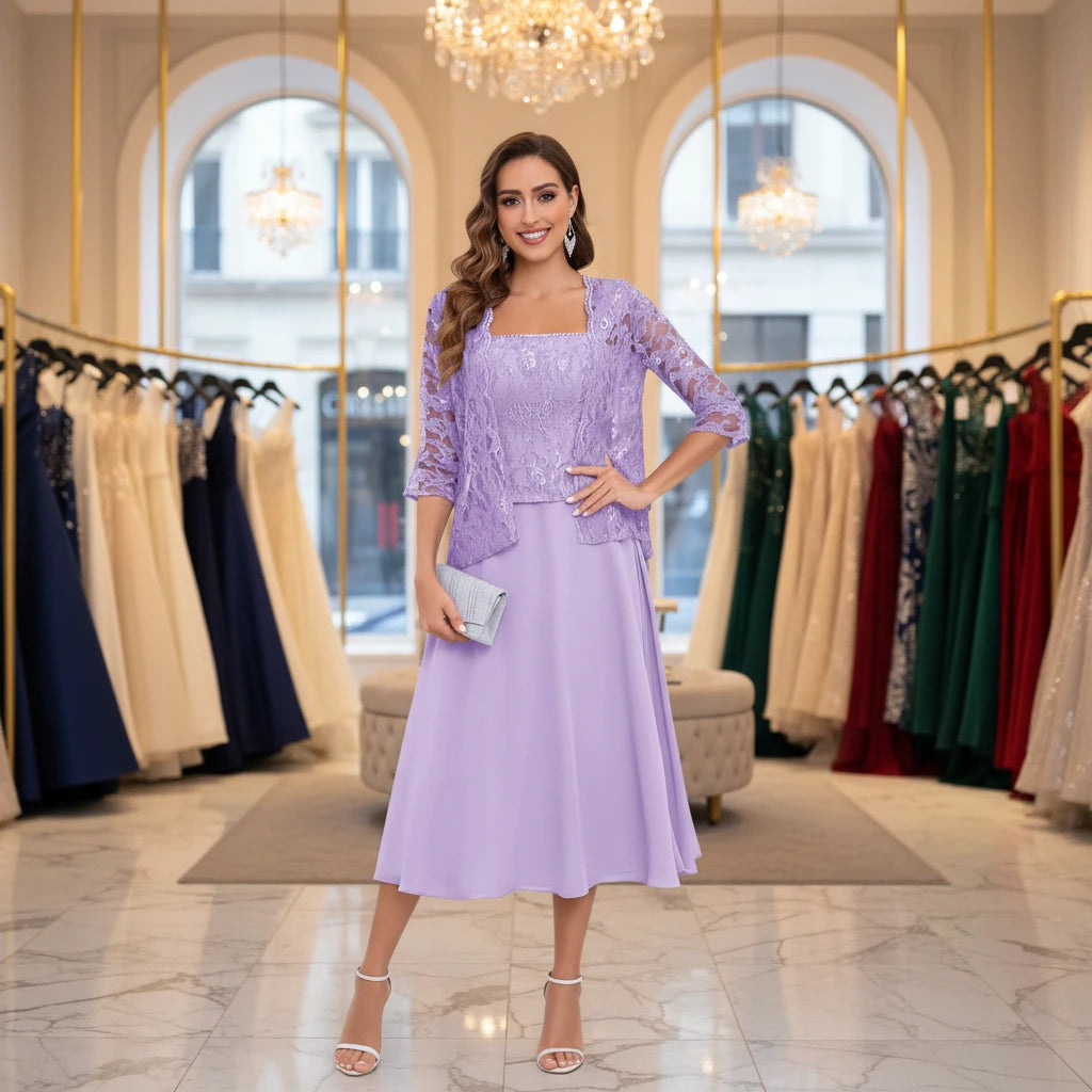 Two-piece chiffon dress in lilac with lace bodice, square neckline, 3/4 sleeves