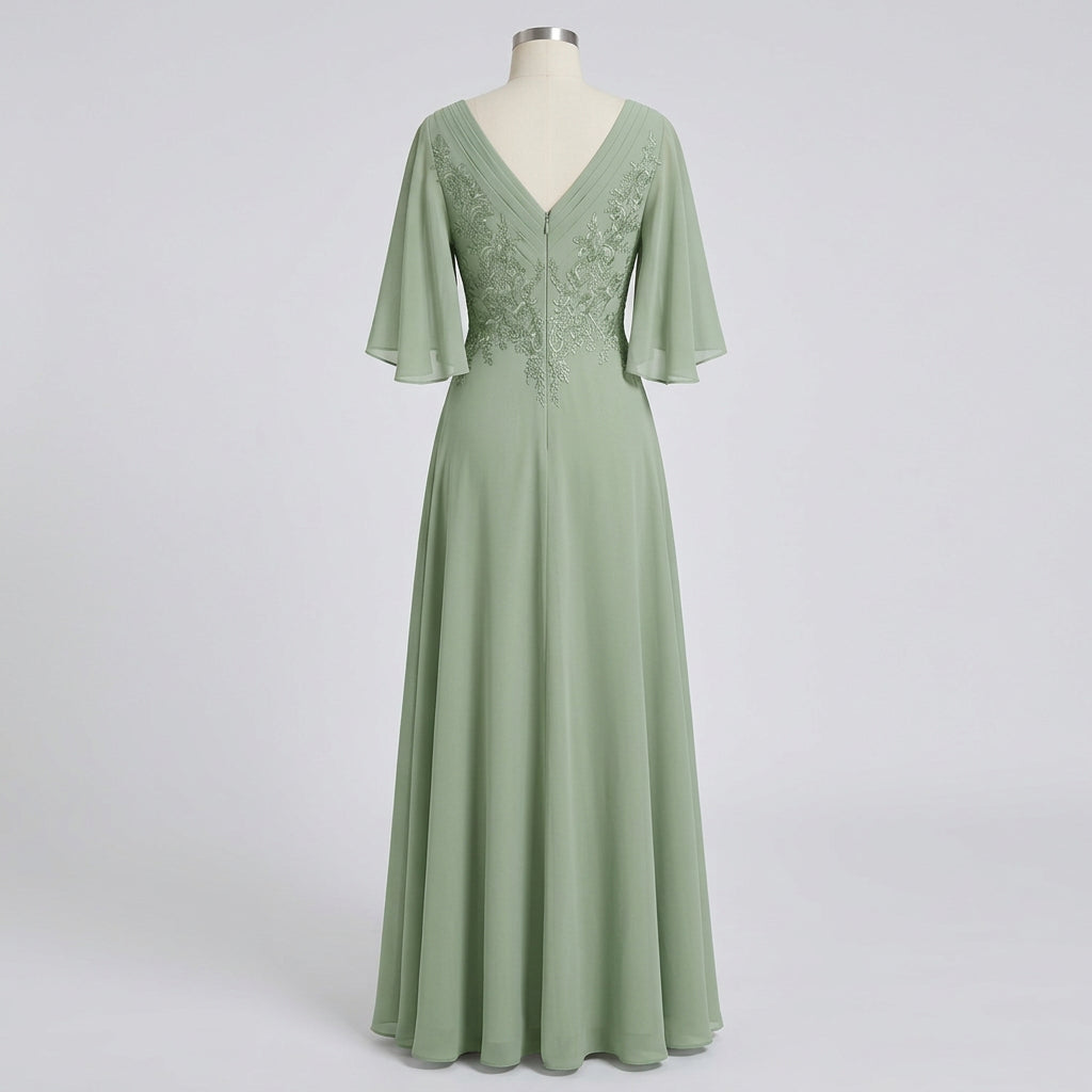 V-Neck Lace Applique Chiffon A-Line Mother of the Bride Gown