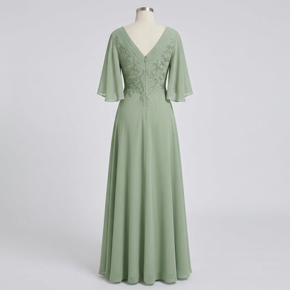 V-Neck Lace Applique Chiffon A-Line Mother of the Bride Gown