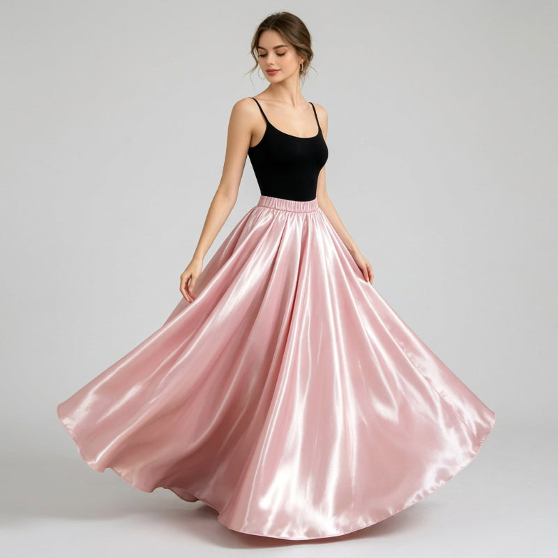 Glossy satin maxi skirt in pale rose with elastic waistband and wide flowing hem