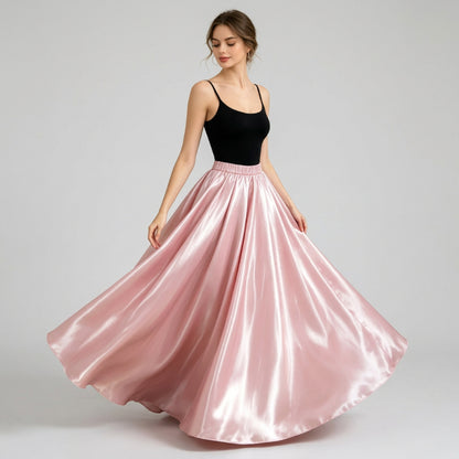 Glossy satin maxi skirt in pale rose with elastic waistband and wide flowing hem