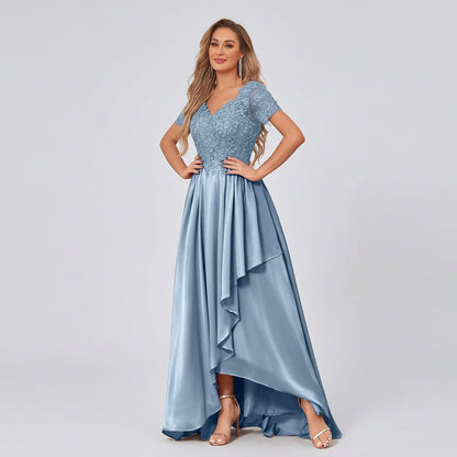 Light blue chiffon high-low mother-of-the-bride dress with lace V-neck bodice and flutter hem