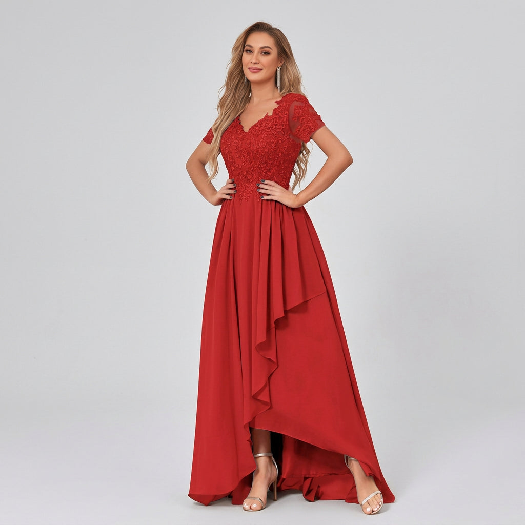 Red V-neck lace bodice chiffon high-low mother of the bride dress with layered hem