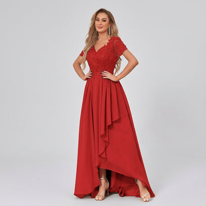 Red V-neck lace bodice chiffon high-low mother of the bride dress with layered hem