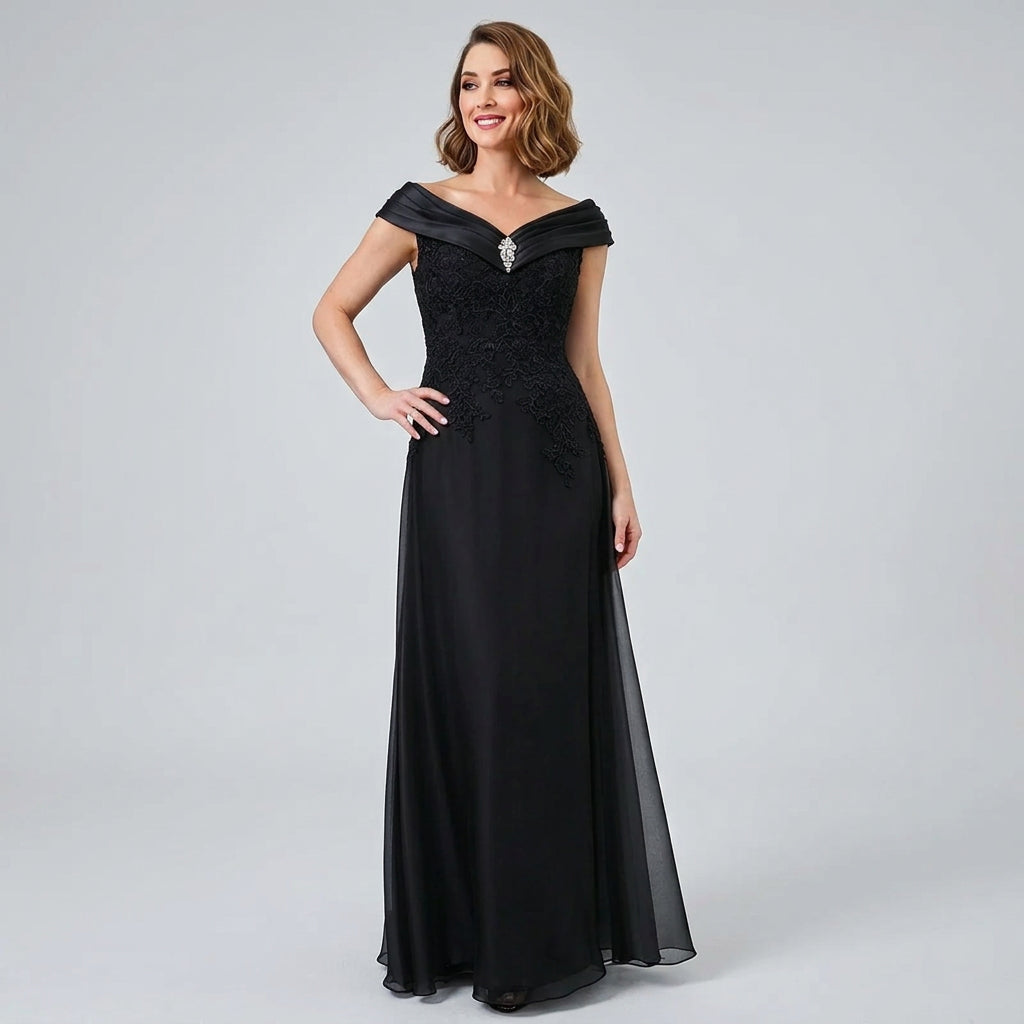 Black off-shoulder pleated satin mother-of-the-bride dress with draped neckline