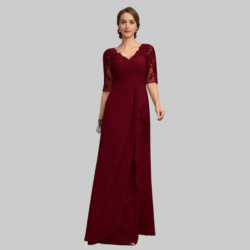 Burgundy lace applique chiffon formal dress with V-neck and draped long A-line skirt