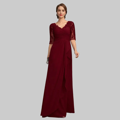 Burgundy lace applique chiffon formal dress with V-neck and draped long A-line skirt