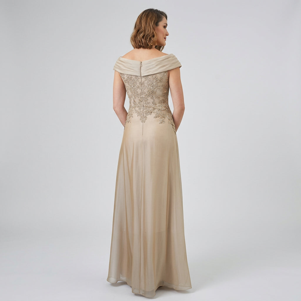 Champagne off-shoulder satin gown, back view with draped neckline and long skirt