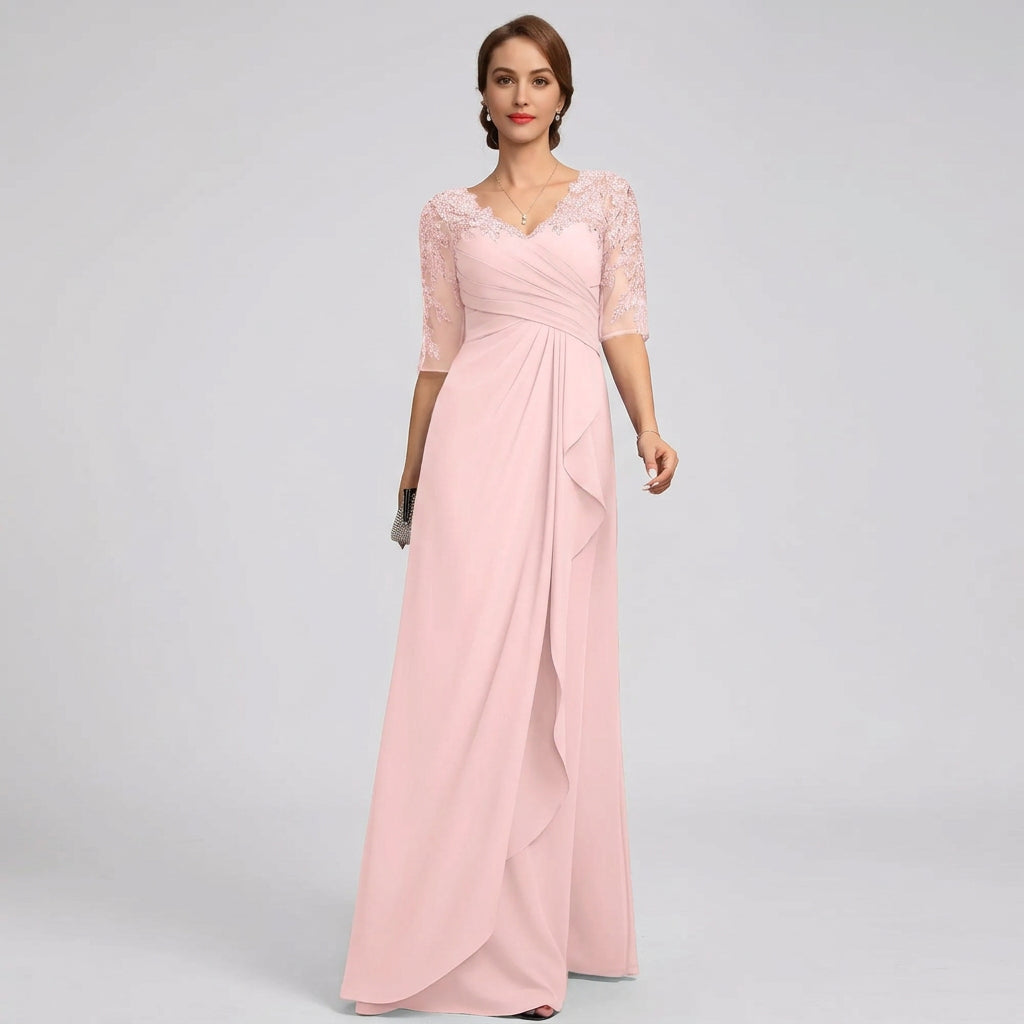 V-neck lace applique chiffon A-line formal gown in light pink, long sleeves