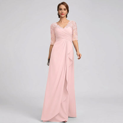 V-neck lace applique chiffon A-line formal gown in light pink, long sleeves