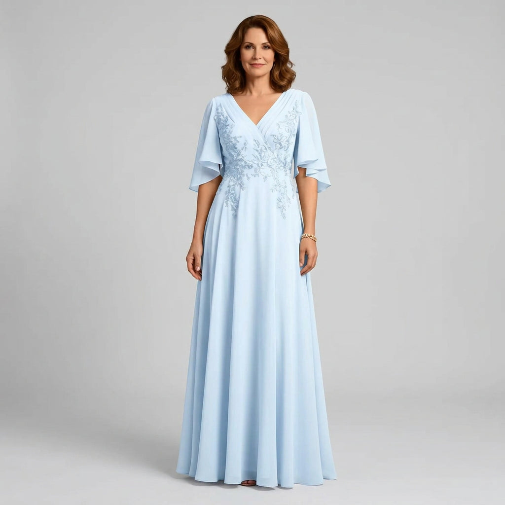 V-Neck Lace Applique Chiffon A-Line Mother of the Bride Gown