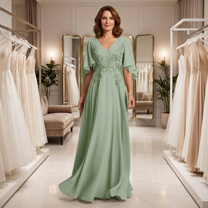 V-Neck Lace Applique Chiffon A-Line Mother of the Bride Gown